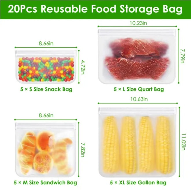 Reusable Food Storage Bags – 20-Pack Family Set